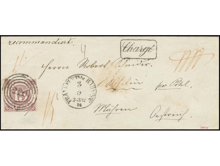 15 Kr. lila mit sauberem Nummernstempel "220" und nebengesetztem EKr. "FRANKFURT BAHNHOF 3 5" auf eingeschriebenem Brief mit 