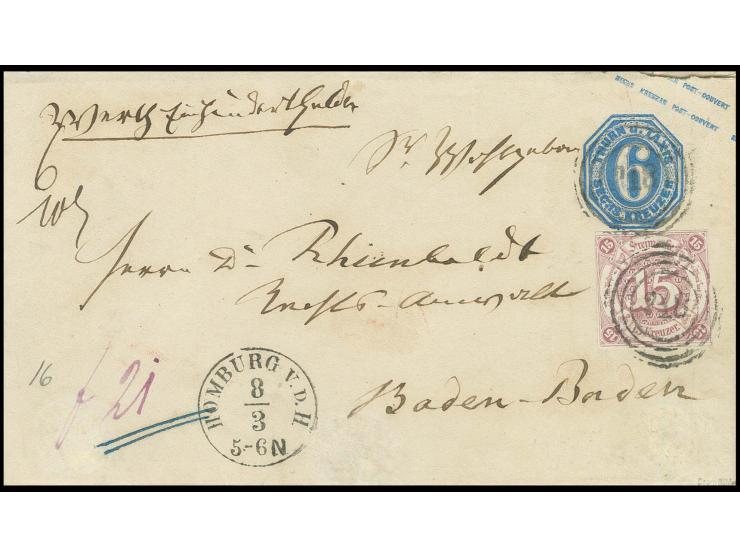 15 Kr. lila auf Ganzsachenumschlag 1865 6 Kr. blau mit Nummernstempel "218" und nebengesetztem EKr. "HOMBURG v.d.H 8 3" als W