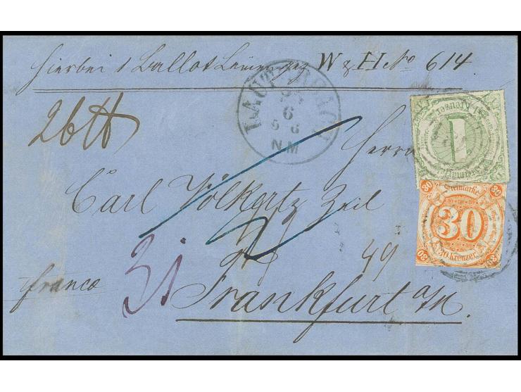 30 Kr. orange und 1866, farbig durchstochen 1 Kr. mit Nummernstempel "131" auf Paketbegleitbrief mit nebengesetztem EKr. "LAU