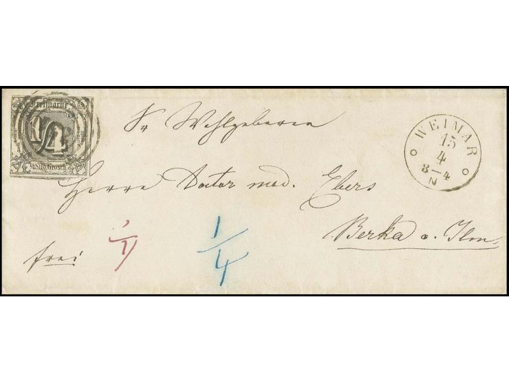 1862/64, Ausgabe auf weißem Papier in geänderten Farben: ¼ Sgr. schwarz mit Nummernstempel "251" und nebengesetztem EKr. "WEI