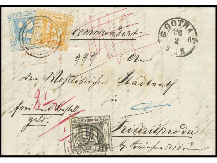 ¼ Sgr. schwarz, ½ Sgr. orange und 2 Sgr. blau mit Nummernstempel "273" und nebengesetztem DKr. "GOTHA 26 2" auf Faltbrief mit
