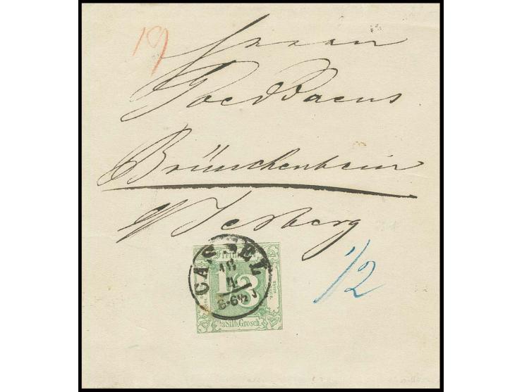 1/3 Sgr. grün mit klarem EKr. "CASSEL 18 4 5-6½" auf vollständigem Streifband nach Jesberg, eines der wenigen schönen Stücke 