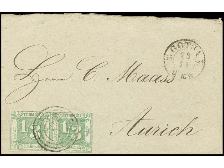1/3 Sgr. grün im waagerechten Paar mit Nummernstempel "273" auf Streifband der 2. Gewichtsstufe mit nebengesetztem DKr. "GOTH