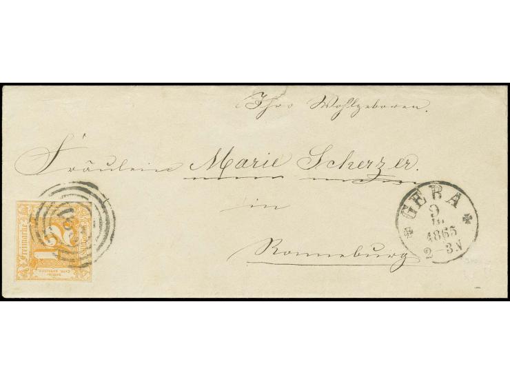 ½ Sgr. orange mit Nummernstempel "291" und nebengesetztem EKr. "GERA 9 1865" auf Brief zu ermäßigter Postvereinstaxe nach Ron