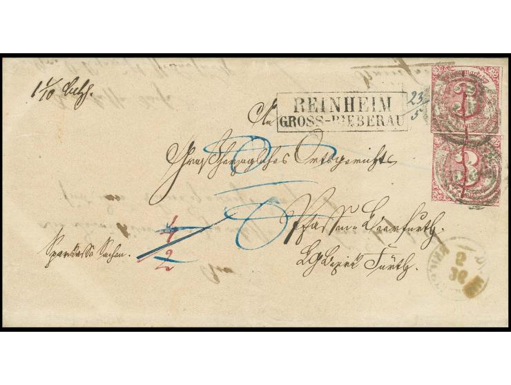 3 Kr. lilarot, zwei Einzelmarken mit roter Tintenentwertung sowie Nummernstempel auf Brief nach Pfaffen-Beerfurth, nebengeset