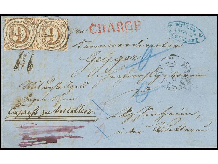 9 Kr. ockerbraun, zwei Einzelmarken mit Nummernstempel "104" und nebengesetztem EKr. "DARMSTADT 9 7" auf einscheschriebenem, 