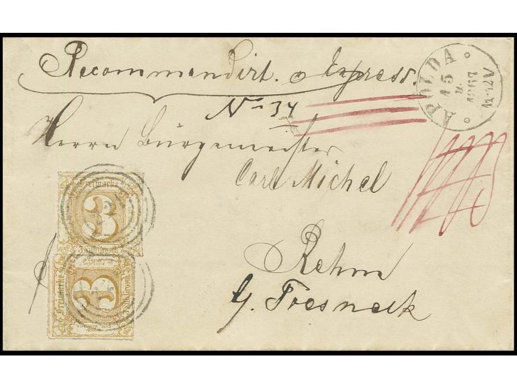 3 Sgr. mittelbraunocker, zwei Einzelmarken mit Nummernstempel "221" und nebengesetztem EKr. "APOLDA 15 4 1867" auf frankierte