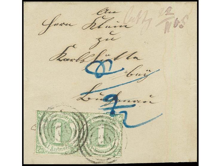 1 Kr. gelblichgrün im waagerechten Paar mit Nummernstempel "92" auf Brief nach Karlshütte bei Buchenau, 2 Kr. Landbestellgeld