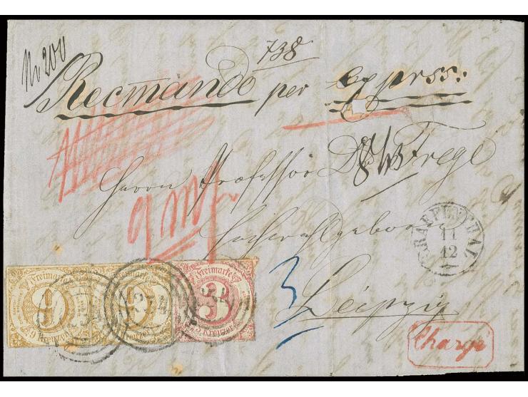 3 Kr. lilarot und zwei Einzelmarken 9 Kr. hellockerbraun mit Nummernstempel "254" und nebengesetztem EKr. "GRAEFENTHAL 11 12"