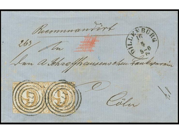 9 Kr. ockerbraun, zwei Einzelmarken mit Nummernstempel "173" und nebengesetztem EKr. "DILLENBURG 16 4" auf eingeschriebener F
