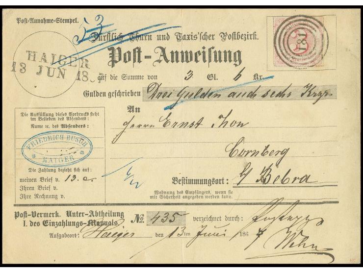 1866, Ausgabe farbig durchstochen: 3 Kr. rosa mit klarem Nummernstempel "181" auf Postanweisung über 3 fl und 6 Kr. in den La