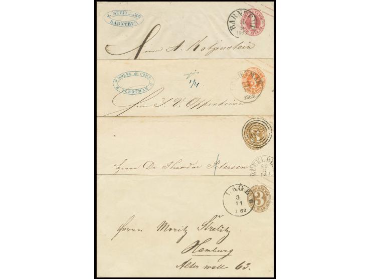 GANZSACHEN: 1861, Umschläge ½ Sgr. orange, 1 Sgr. rosa und 3 Sgr. braun mit jeweils Ortsstempelentwertung lippischer Postorte