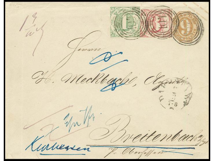Ganzsachenumschlag 9 Kreuzer braun im Großformat mit Zufrankatur 1 Kr. grün und 3 Kr. karmin (letztere stärker angeschnitten)
