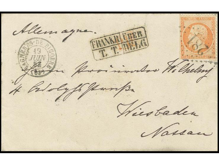 BESONDERHEITEN: 1862, Napoleon III. 40 C. orange mit Nummernstempel "281" auf kleinem Brief nach Wiesbaden. Der Brief war aus