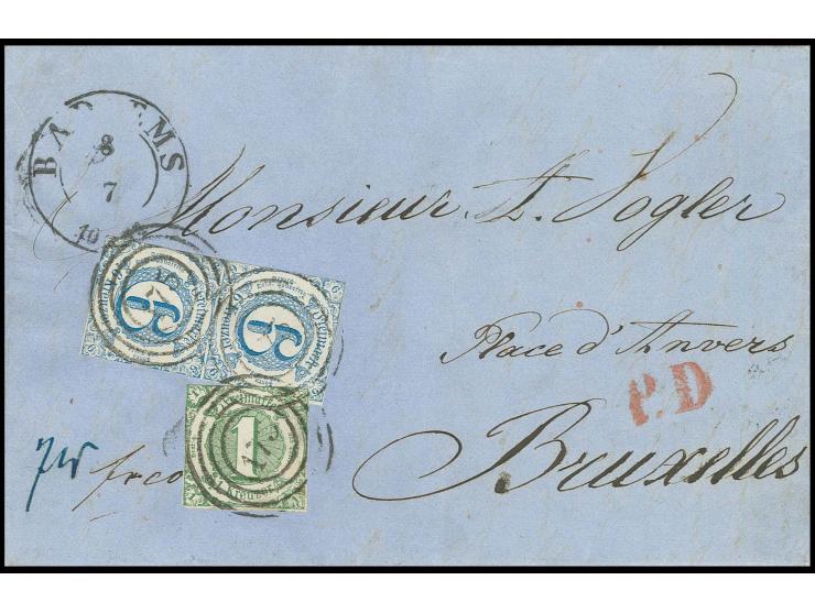 1 Kr. grün und 1862, 6 Kr. blau im senkrechten Paar mit Nummernstempel "175" und DKr. "BAD EMS 8 7" auf Brief nach Brüssel, 7