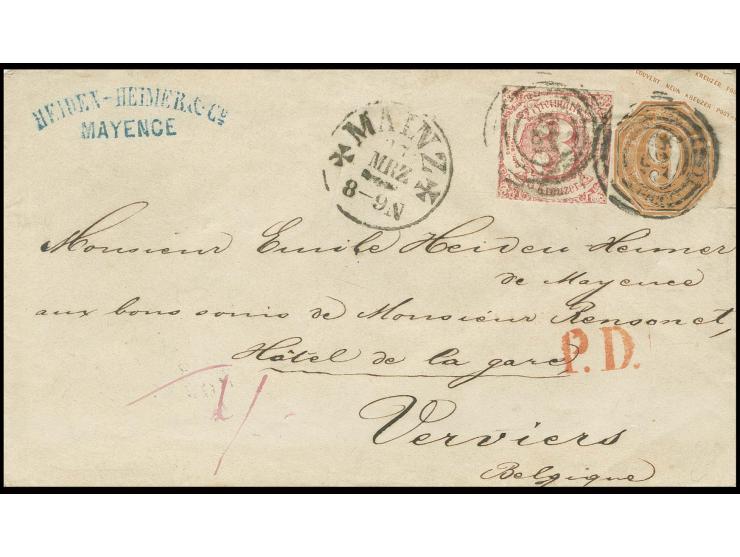 3 Kr. lilarot mit Nummernstempel "134" als Zufrankatur 1863, Ganzsachenumschlag 9 Kr. braun nach Verviers mit nebengesetztem 