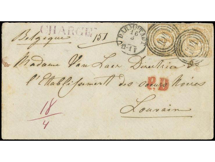 9 Kr. braunocker im senkrechten Paar mit Nummernstempel "104" auf eingeschriebenem Brief nach Louvain mit nebengesetztem EKr.