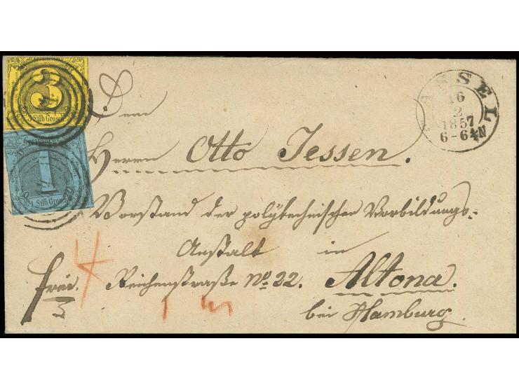 DÄNEMARK: 1 Sgr. auf blau und 3 Sgr. auf braungelb mit Nummernstempel "14" und nebengesetztem DKr. "CASSEL 16 2 1857" auf Bri
