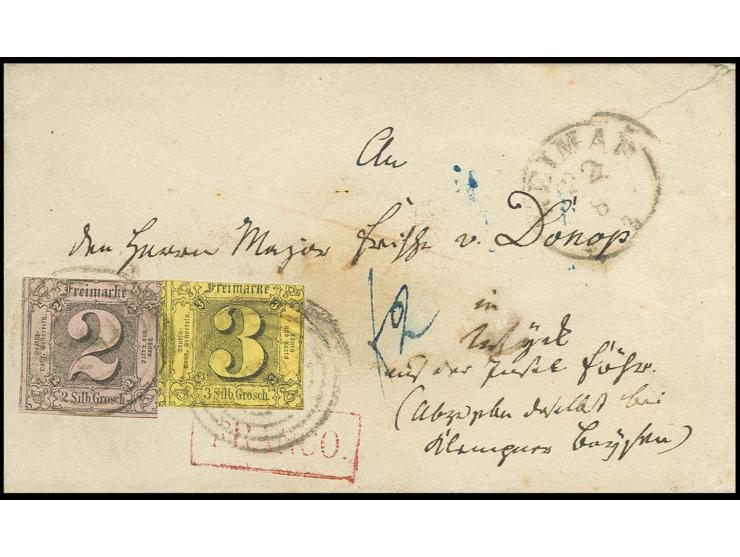2 Sgr. auf graurot und 3 Sgr. auf braungelb mit Nummernstempel "251" und nebengesetztem EKr. "WEIMAR 22 8" auf Brief auf die 