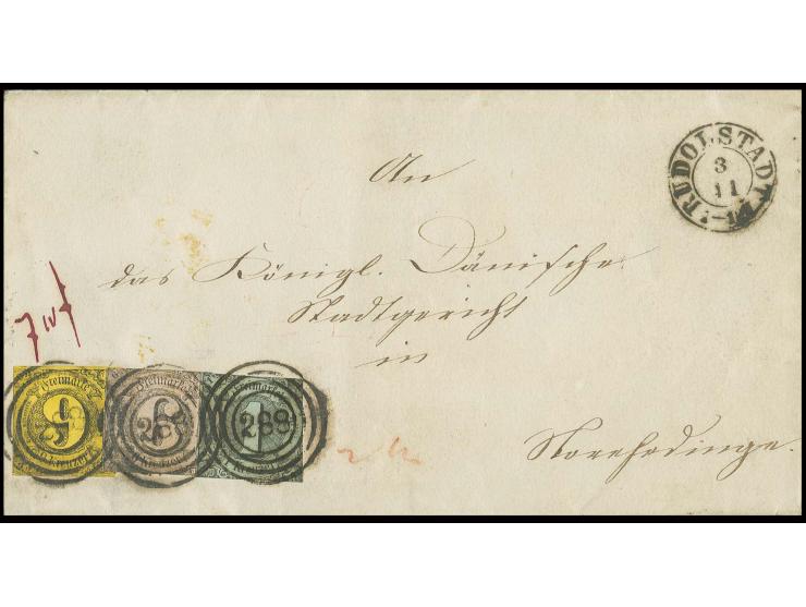 1 Kr. auf olivgrau, 6 Kr. auf graurot und 9 Kr. auf lebhaftbraungelb mit Nummernstempel "288" und nebengesetztem DKr. "RUDOLS