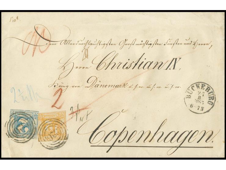 ½ Sgr. orange und 2 Sgr. blau mit Nummernstempel "320" und nebengesetztem EKr. "BÜCKEBURG 27 8 1865" auf eingeschriebenem Bri