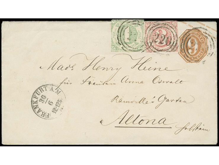 3 Kr. lilarot und farblos durchstochen 1 Kr. gelblichgrün mit Nummernstempel "220"  als Zufrankatur auf 1863, Ganzsachenumsch