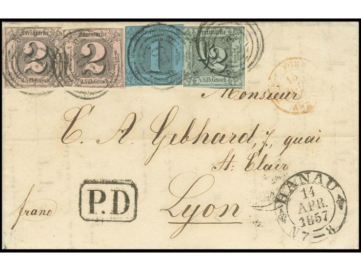 ½ Sgr. auf olivgrau und 1 Sgr. auf blau und zwei Marken 2 Sgr. auf graurot mit Nummernstempel "29" und nebengesetztem DKr. "H