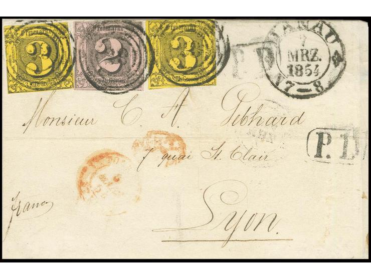 2 Sgr. auf graurot und zwei Marken 3 Sgr. auf braungelb mit Nummernstempel"29" und nebengesetztem DKr. "HANAU 14 APR. 1857" a