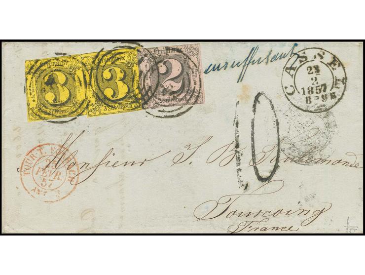 2 Sgr. auf graurot und 2 Werte 3 Sgr. auf braungelb mit Nummernstempel "14" und nebengesetztem DKr. "CASSEL 23.2.1857" auf kl