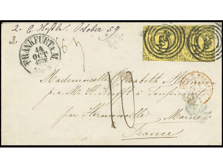 9 Kr. auf braungelb im waagerechten Paar mit Nummernstempel "220" und nebengesetztem EKr. "FRANKFURT 14 OCT 1858" auf Brief n