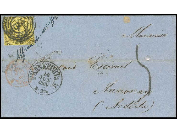 9 Kr. mit Nummernstempel "220" und nebengesetztem EKr. "FRANKFURT 14 JUN 1860" auf Faltbrief nach Annonay, blauer Vermerk "Af