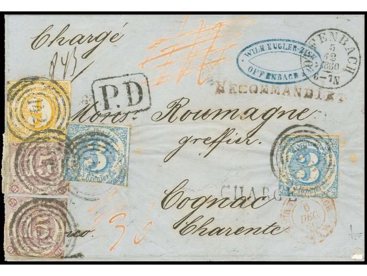 15 Kr. lila, zwei Werte, 9 Kr. orangegelb sowie zwei Werte 3 Kr. blau mit Nummernstempel "142" mit nebengesetztem EKr. "OFFEN