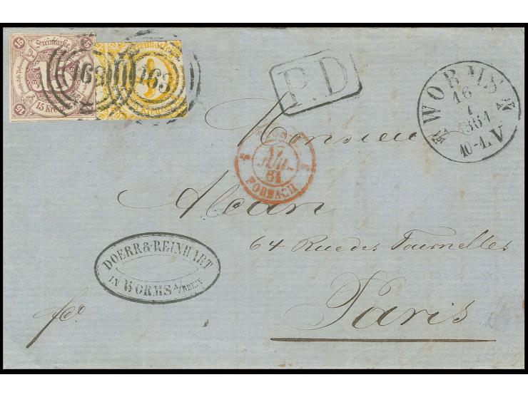 15 Kr. lila, allseits gut gerandet, und  9 Kr. orangegelb mit Nummernstempel "163" und nebengesetztem EKr. "WORMS 16 7 1861" 