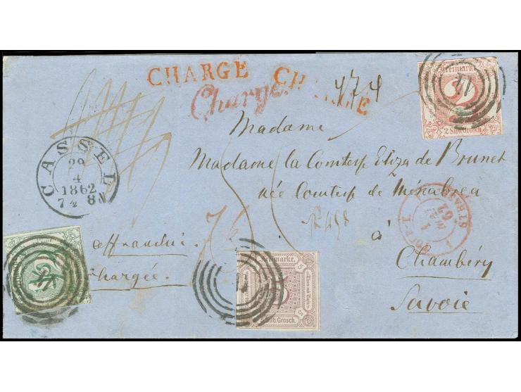 5 Sgr. braunpurpur, 2 Sgr. karminrot und ½ Sgr. grün mit Nummernstempel "14" und nebengesetztem DKr. "CASSEL 29 4 1862" auf e