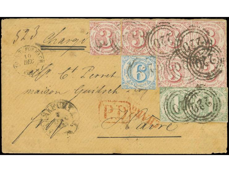 1 Kr. grün im waagerechten Paar und 1862, 3 Kr. karminrot, zwei Einzelmarken sowie ein Viererblock, und 6 Kr. hellblau mit Nu