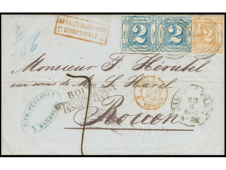 ½ Sgr. orange und 2 Sgr. blau im waagerechten Paar mit Nummernstempel "300" und nebengesetztem EKr. "HAMBURG 22 8 1864" auf F