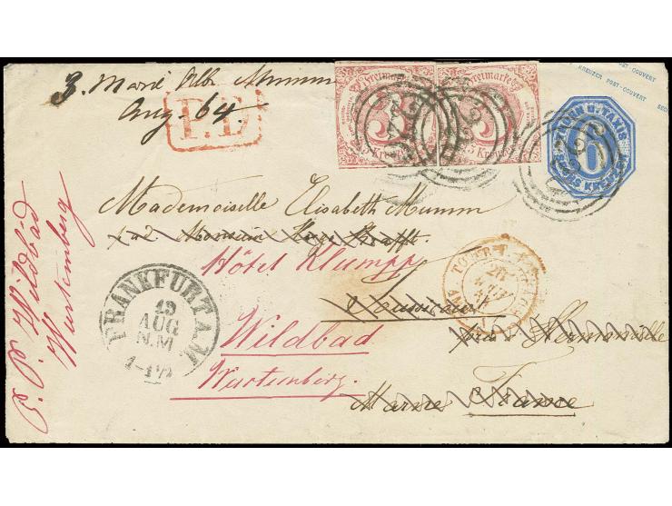 3 Kr. karminrot, zwei Werte mit Nummernstempel "220" und mit nebengesetztem EKr. "FRANKFURT 19 AUG N.M" als Zufrankatur auf 1