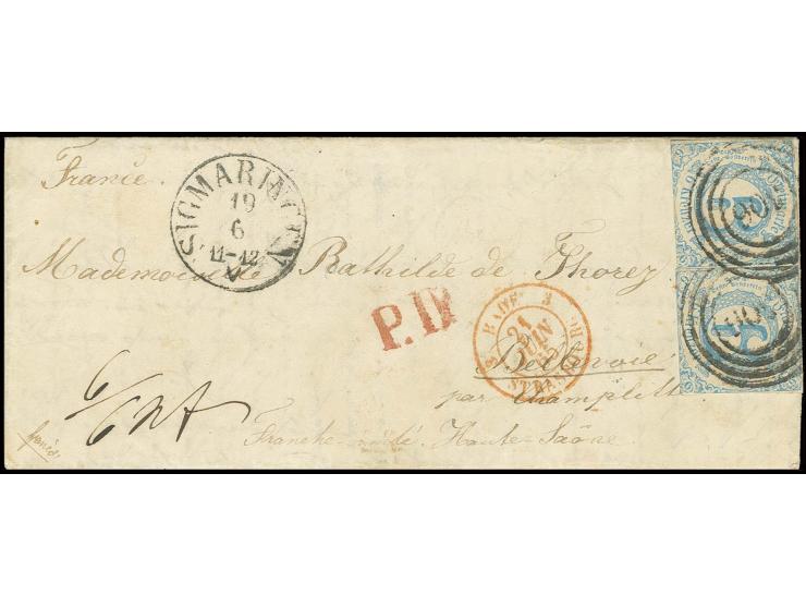 6 Kr. hellblau, zwei Werte mit Nummernstempel "306" und nebengesetztem EKr. "SIGMARINGEN 19 6" auf Faltbrief nach Bellevoie, 