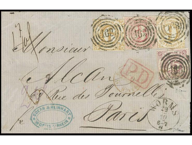 15 Kr. braunpurpur und farblos durchstochen 9 Kr. braunocker, zwei Einzelmarken, sowie farbig durchstochen 3 Kr. karminrot mi