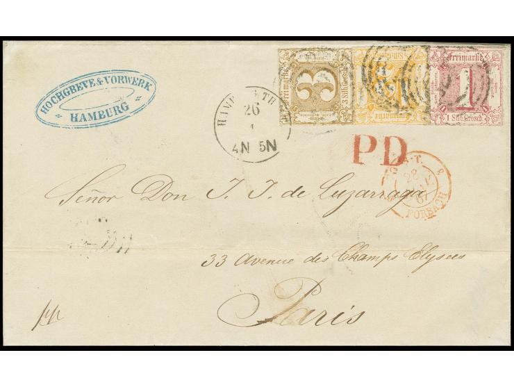 ½ Sgr. orange, 1 Sgr. karminrot und 3 Sgr. braunocker mit Nummernstempel "300" und nebengesetztem EKr. "HAMBURG 26 4" auf Fal