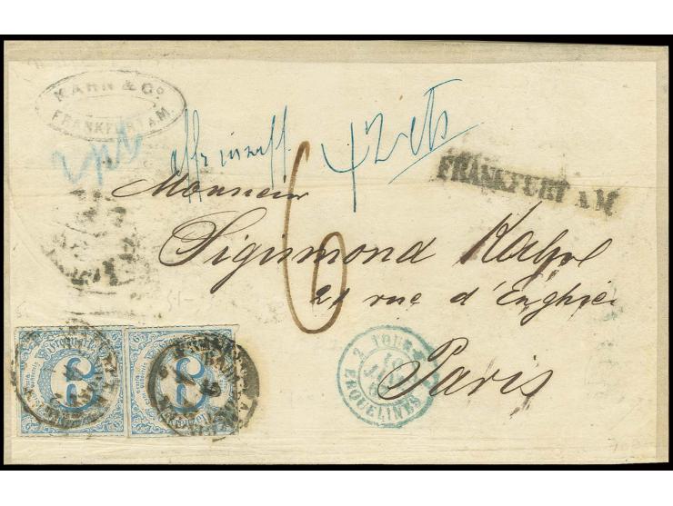 6 Kr. blau mit EKr. "FRANKFURT BAHNHOF 9 6" auf Faltbriefhülle nach Paris, blauer Vermerk "2 pt" sowie Tintenvermerk "aff. in
