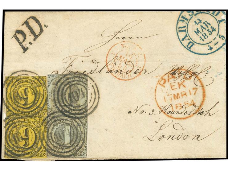 GROSSBRITANNIEN: 1 Kr. auf olivgrau im senkrechten Paar und zwei Einzelwerte 9 Kr. auf braungelb mit Nummernstempel "104" und