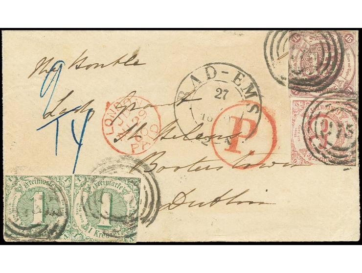 15 Kr. braunpurpur, zwei Einzelwerte 1 Kr. grün sowie 6 Kr. karminrot mit Nummernstempel "175" auf Brief nach Dublin mit blau