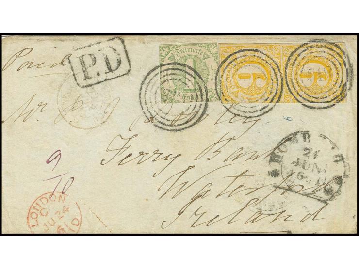 1 Kr. grün und 9 Kr. orangegelb im senkrechten Paar mit Nummernstempel "218" und nebengesetztem  Steigbügelstempel "HOMBURG 2
