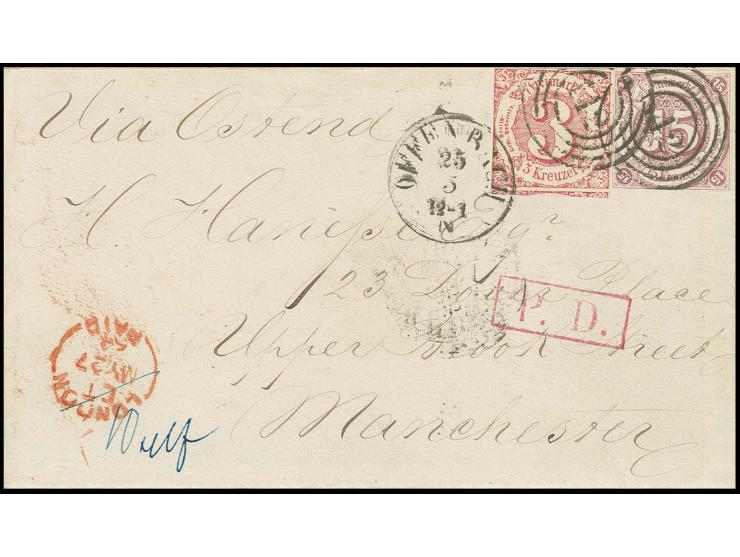 15 Kr. braunpurpur und 1862, 3 Kr. karminrot mit Nummernstempel "142" und nebengesetztem bzw. leicht auf 3 Kr. übergehendem E
