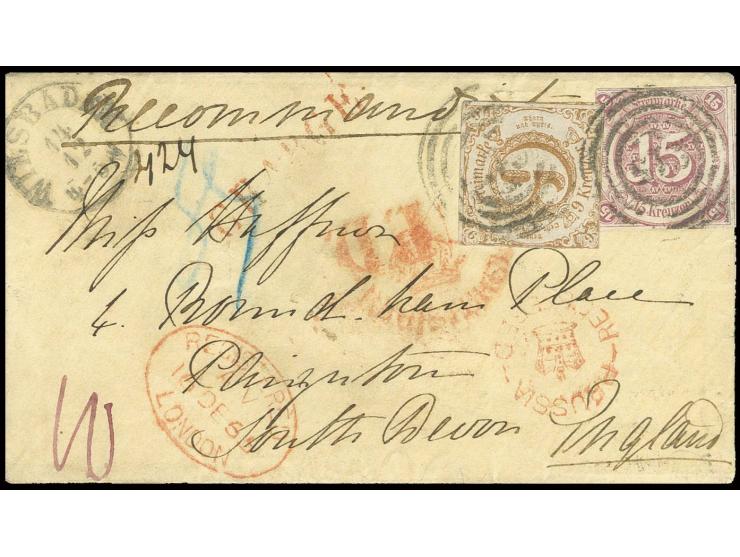 15 Kr. braunpurpur und 1862, 9 Kr. ockerbraun mit Nummernstempel "215" und nebengesetztem EKr. "WIESBADEN 14 12" auf eingesch