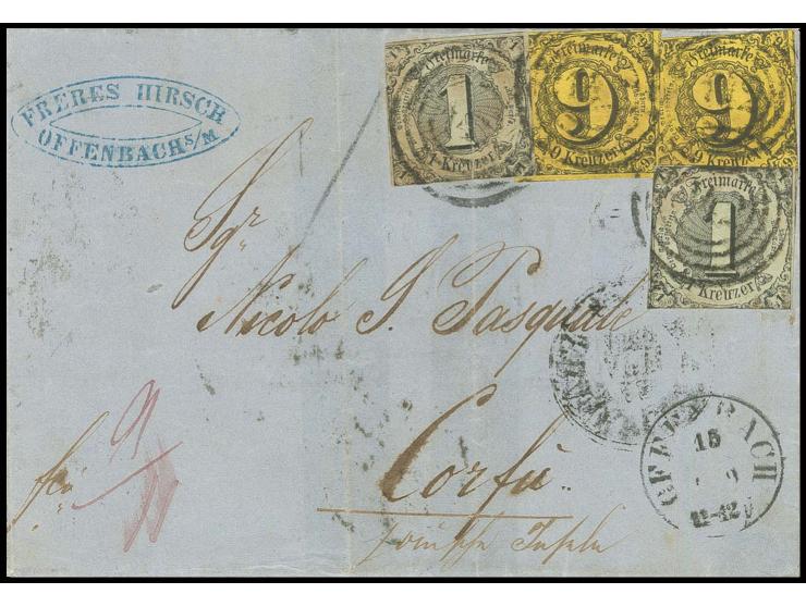 LEVANTE: 1 Kr. auf olivgrau und 9 Kr. auf braungelb, je zwei Werte mit Nummernstempel "142" und nebengesetztem EKr. "OFFENBAC