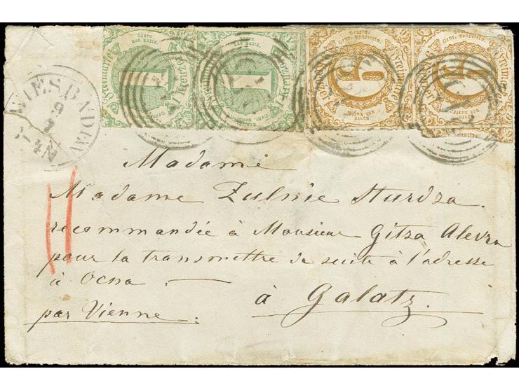 1 Kr. gelblichgrün und 9 Kr. ockerbraun, je im senkrechten Paar mit Nummernstempel "215" und nebengesetztem EKr. "WIESBADEN 9