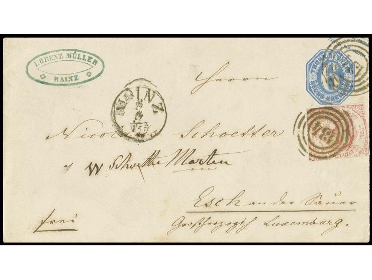 LUXEMBURG: 3 Kr. karminrot mit Nummernstempel "134" als Zufrankatur auf Ganzsachenumschlag 1863, 6 Kr. blau nach Luxemburg, r