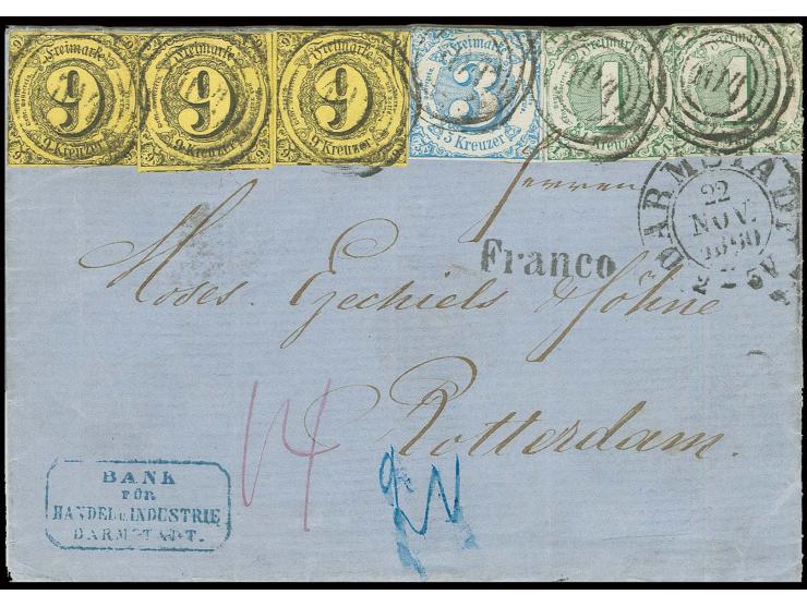 9 Kr. auf braungelb, drei Einzelwerte, 1859, 1 Kr. grün, zwei Einzelwerte, und 3 Kr. blau mit Nummernstempel "104" und nebeng